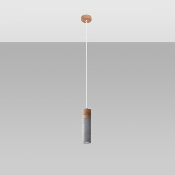 Cylindrical pendant light with a wood cap and a grey concrete base