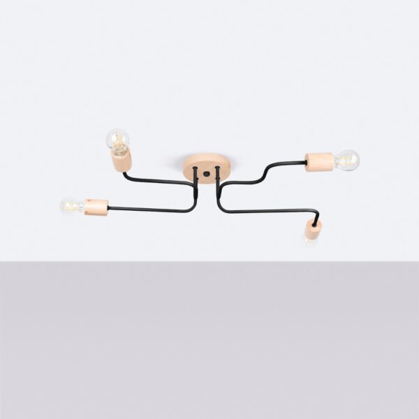 Spider-style ceiling light with wood finials and thin black arms holding bare bulbs
