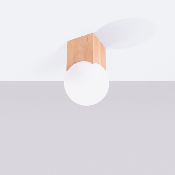 Wood cube ceiling light with a round opal glass globe below