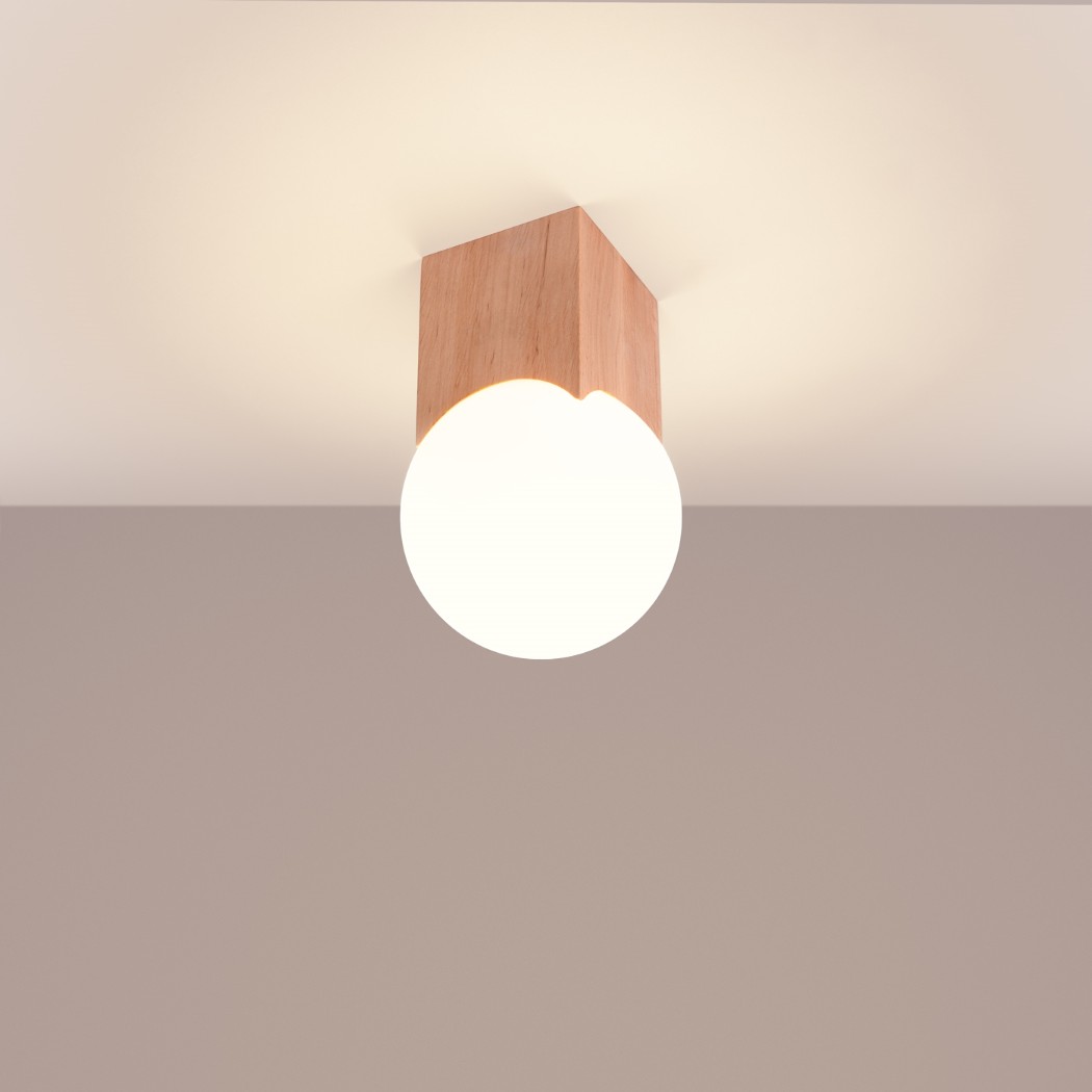 Wooden cube ceiling light with an opal glass sphere shade below, switched off