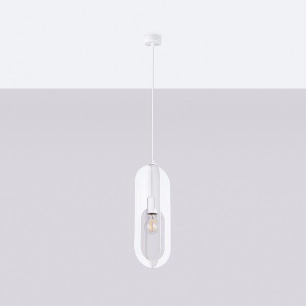 White oval cage pendant light with an exposed bulb inside