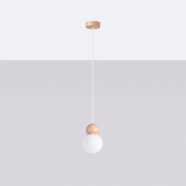 Wood and white pendant light with a small glass ball at the end