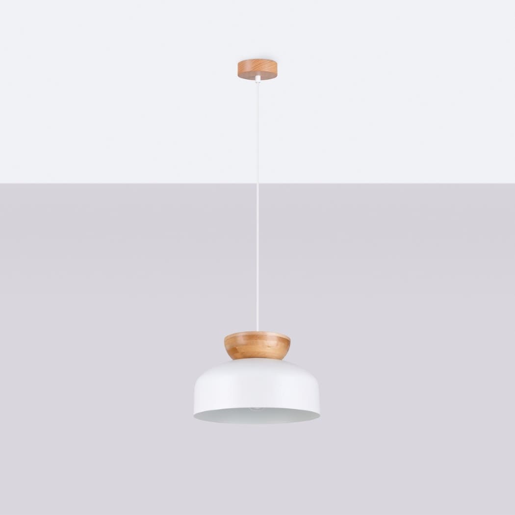 White dome pendant light with a wood cap hanging from a thin cord