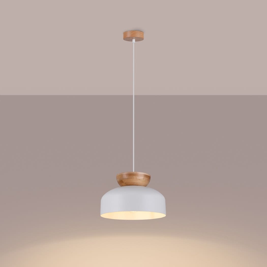 White dome pendant light with a wooden ring accent hanging on a cord