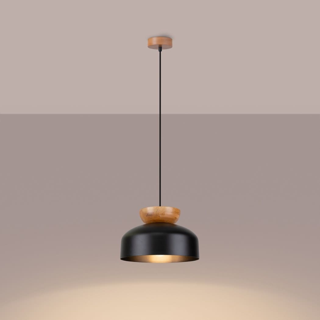 Black dome pendant light with a wooden ring accent hanging on a cord