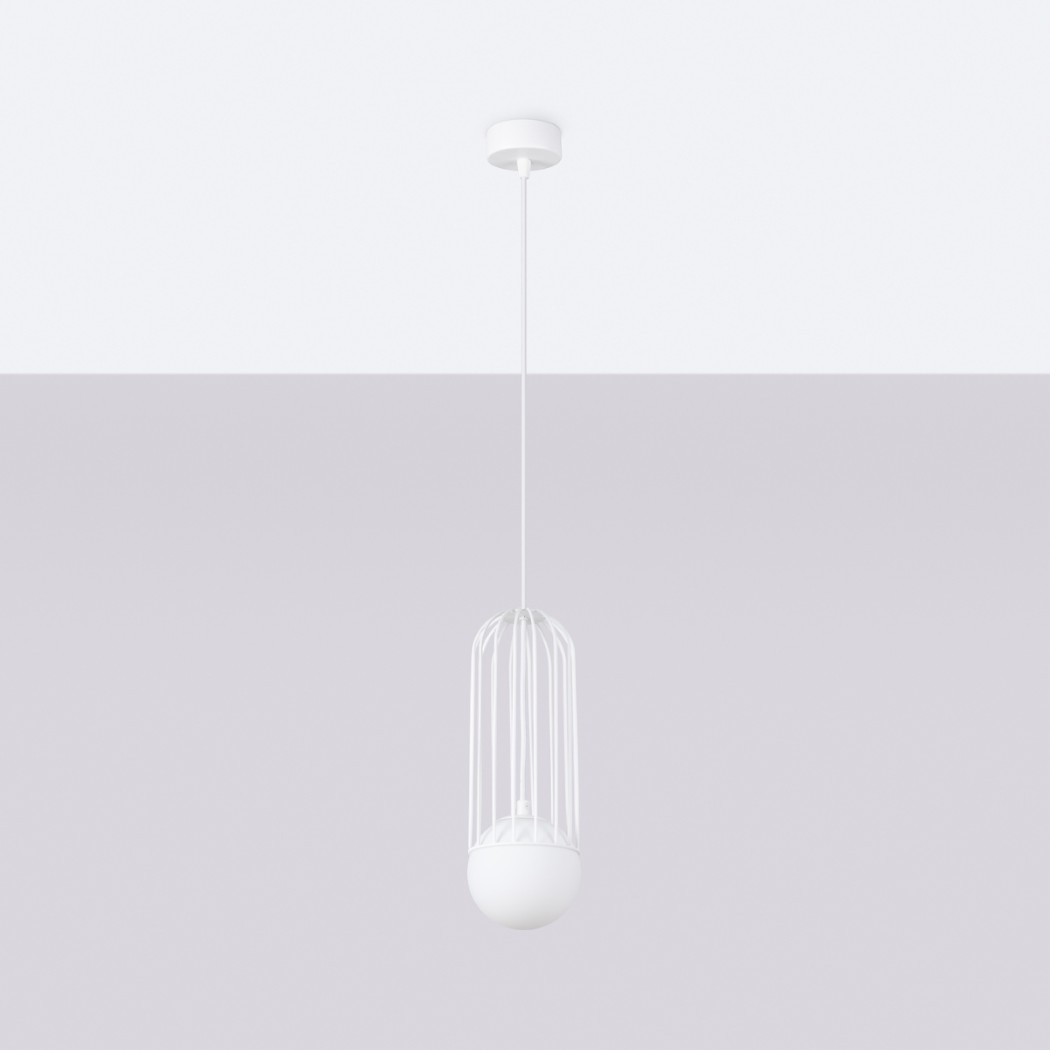 White wire cage pendant light with a round glass globe at its base