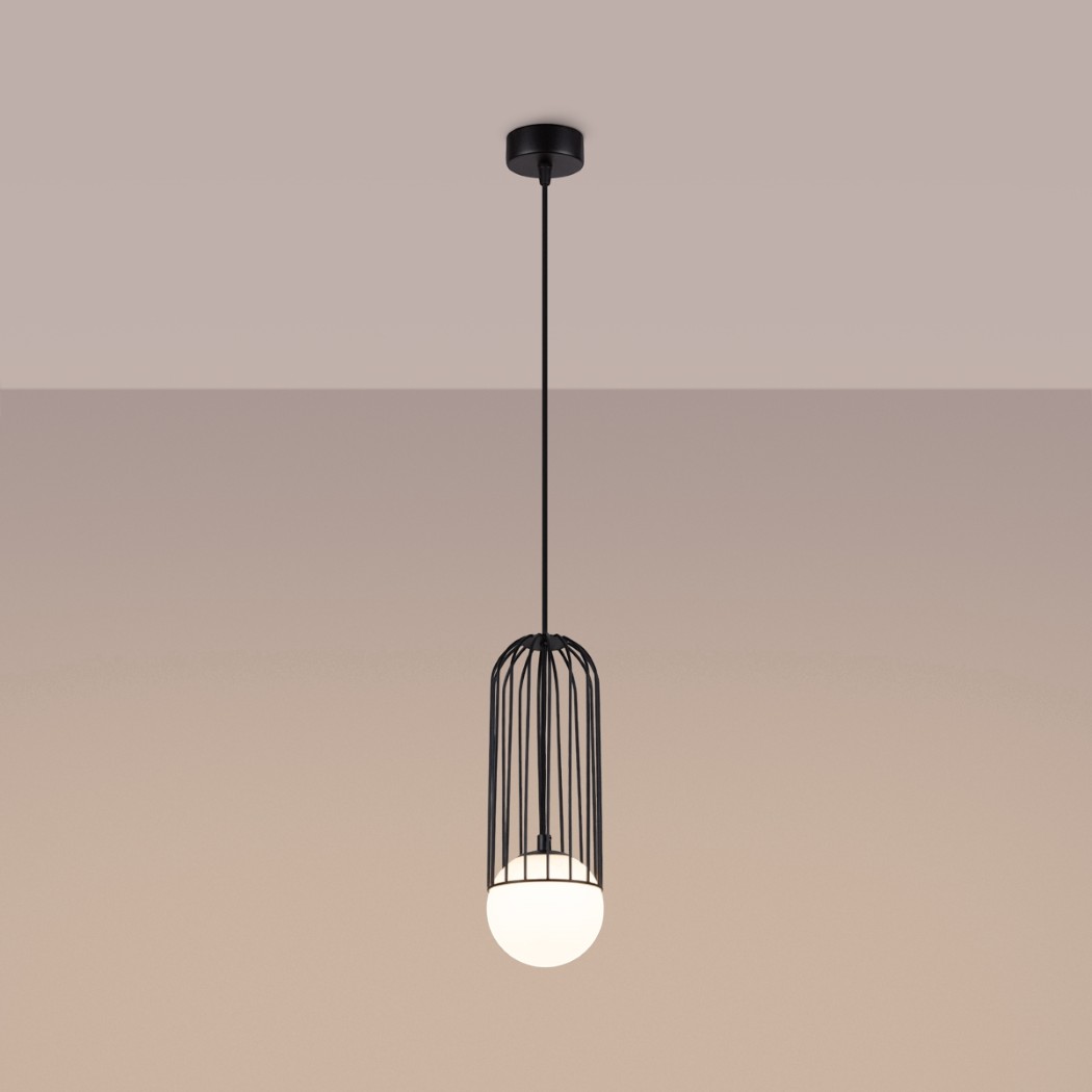 Black cage pendant light with a round white glass globe against a warm backdrop