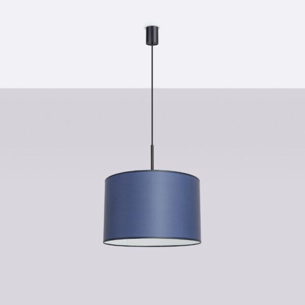 Navy blue drum pendant shade hanging from a slender black cord