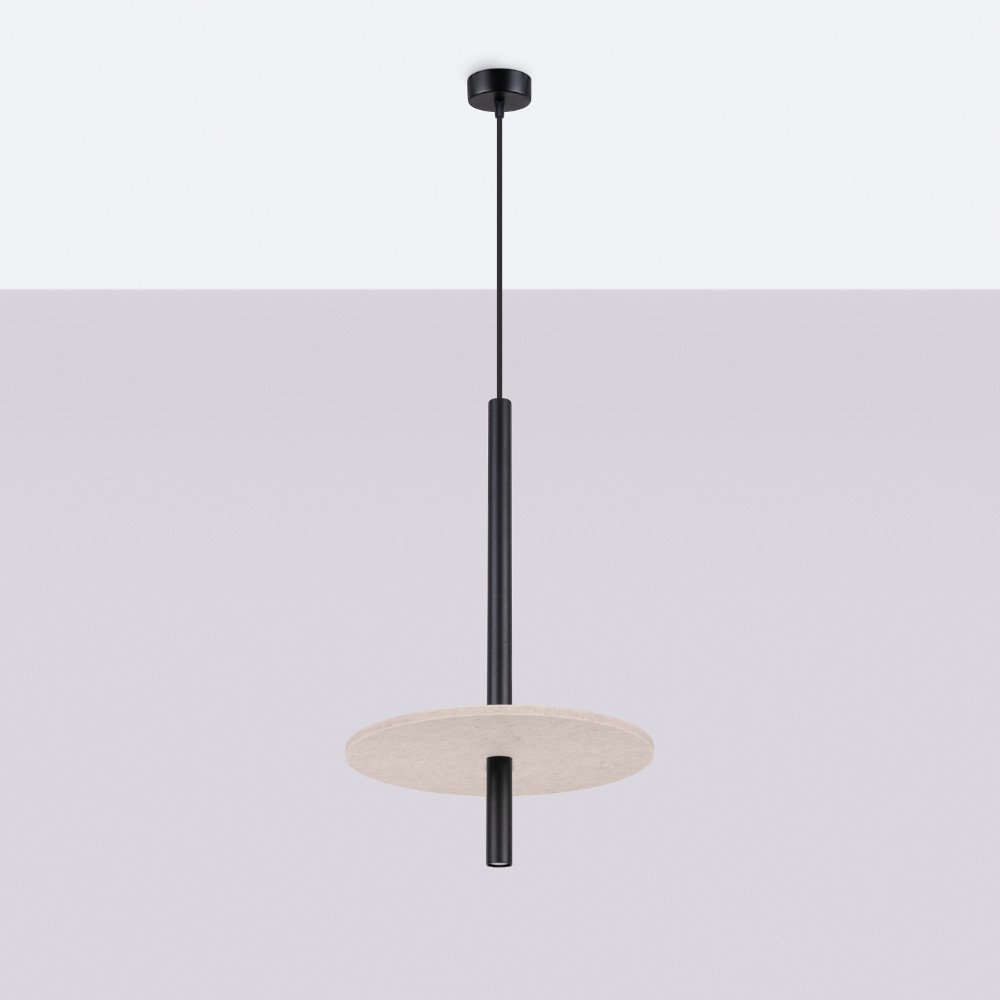 Black rod pendant light passing through a round wood tone disc