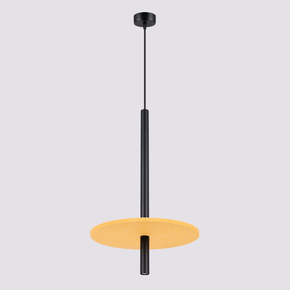 Pendant lamp with a black rod and mustard yellow felt disc on a light grey background