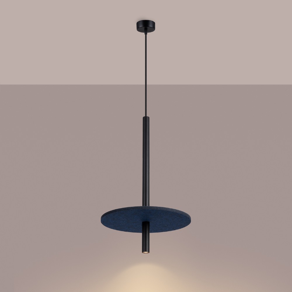 Pendant lamp with a black rod and dark blue felt disc against a beige background
