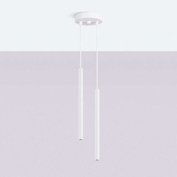 Two white slim tube pendant lights of different lengths from a round ceiling plate