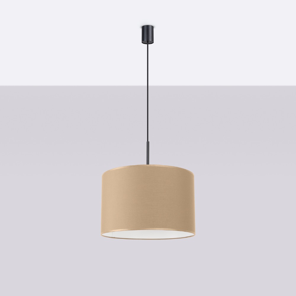 Beige fabric drum pendant light suspended from a slim black rod