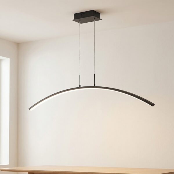 Curved black LED pendant bar suspended above a dining area