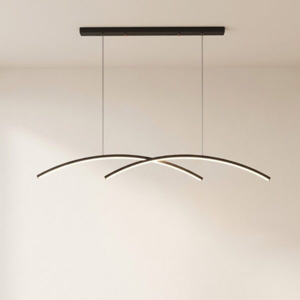Black LED pendant light formed by two crossed curved arcs