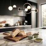 Linear ring pendant with six opal glass globes above a kitchen island
