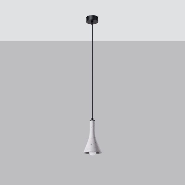 Grey concrete cone shaped pendant light on a black cord