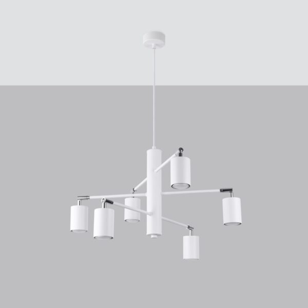White chandelier with six adjustable cylindrical spotlights on angled arms