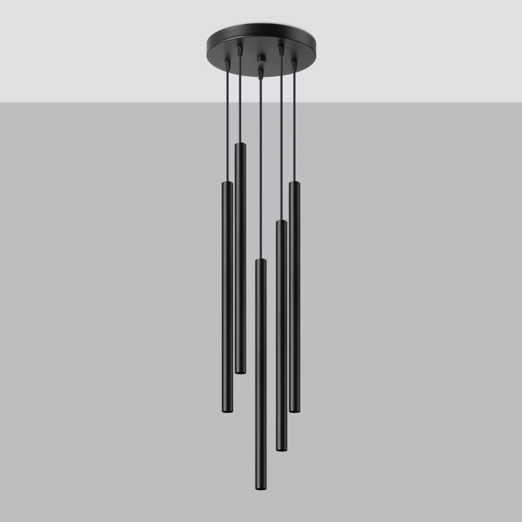 Five black slim cylindrical pendant lights hanging at staggered heights