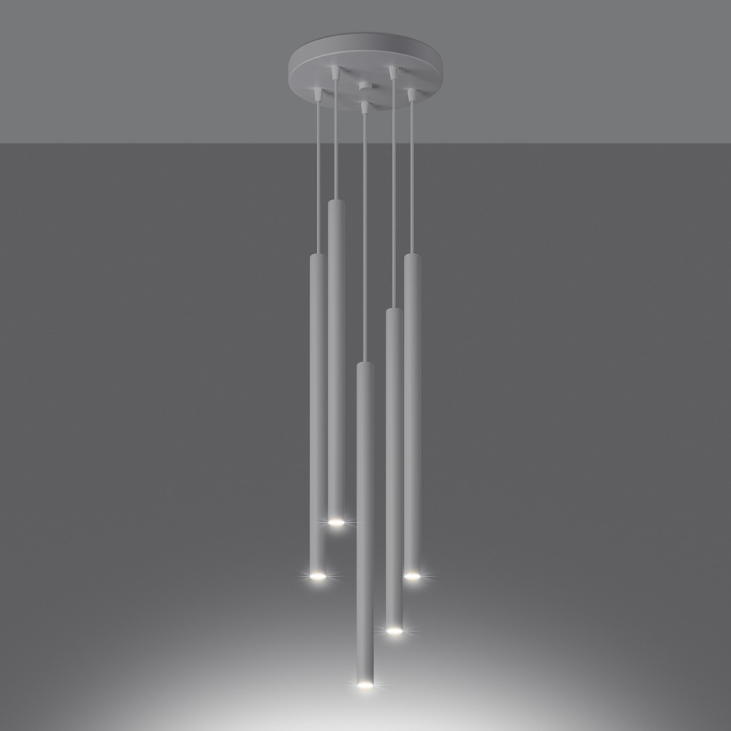 Pendant lamp with five white tubes at staggered heights and integrated LED