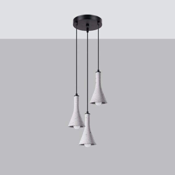 Three concrete cone shaped pendant lights hanging at staggered heights