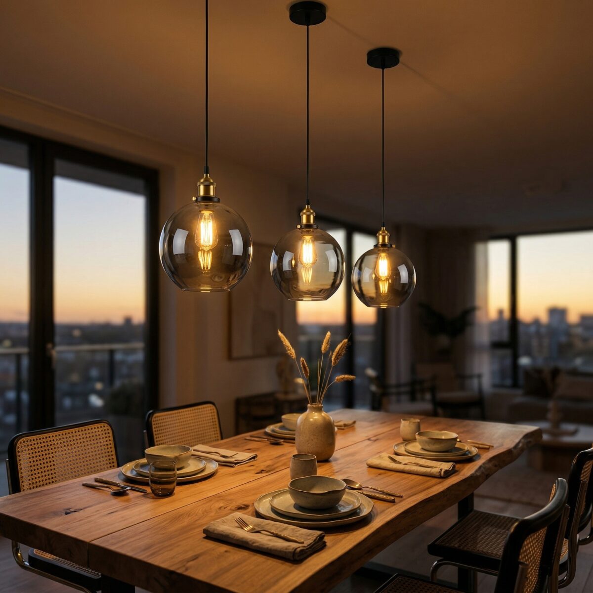 Three smoked glass globe pendant lights hanging above a wooden dining table at sunset