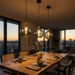 Three smoked glass globe pendant lights hanging above a wooden dining table at sunset