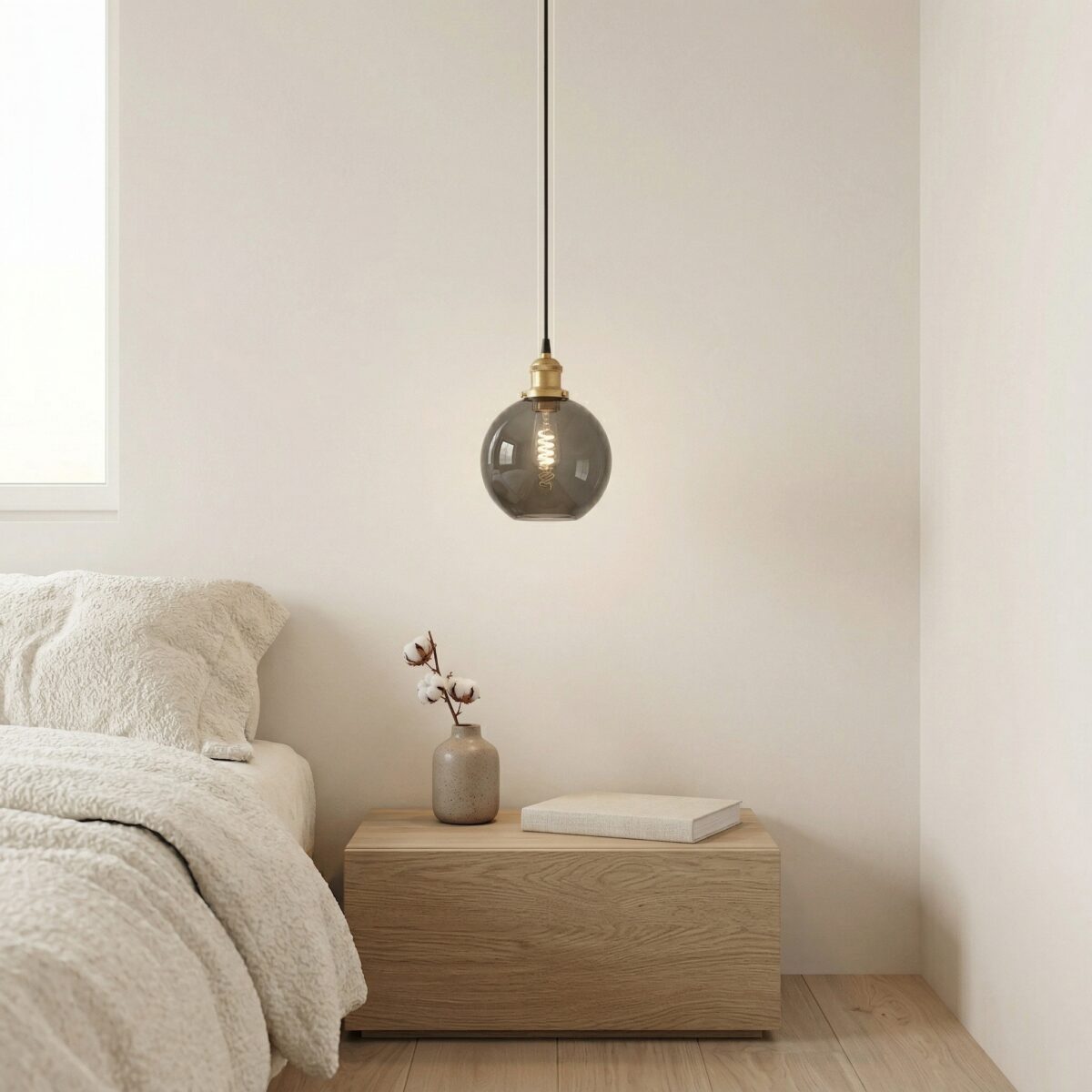 Smoked glass globe pendant light hanging above a wooden bedside table in a bedroom