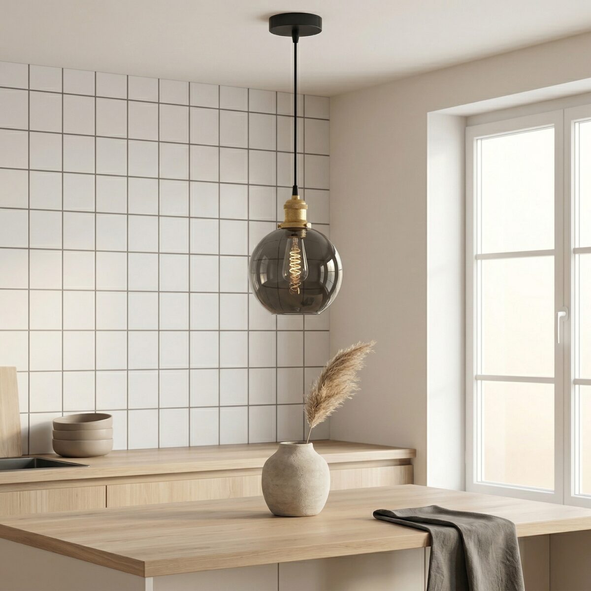 Smoked glass globe pendant light hanging above a wooden kitchen counter with tiled wall