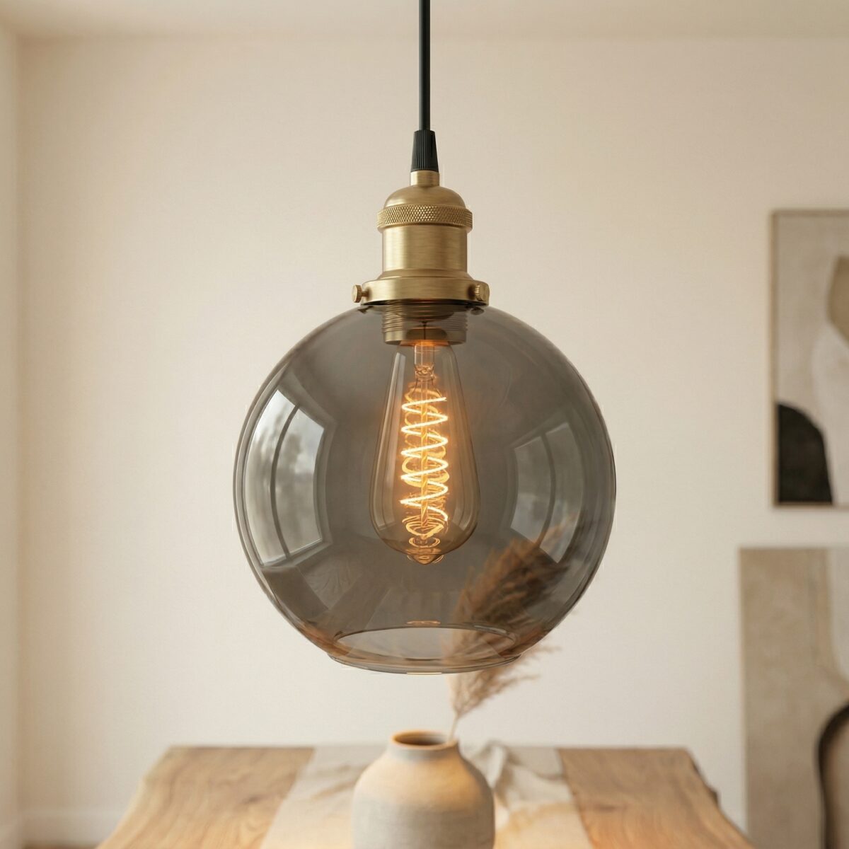 Smoked glass globe pendant with a brass fitting and spiral filament bulb above a table