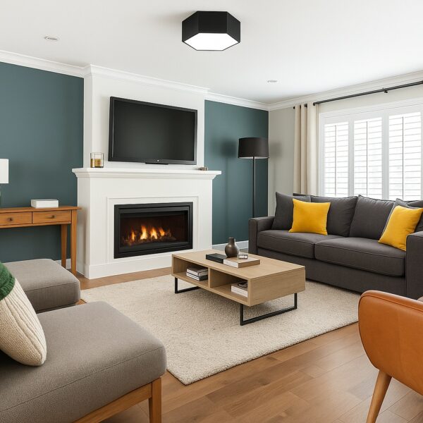 Black octagonal flush ceiling light in a living room above a fireplace and TV