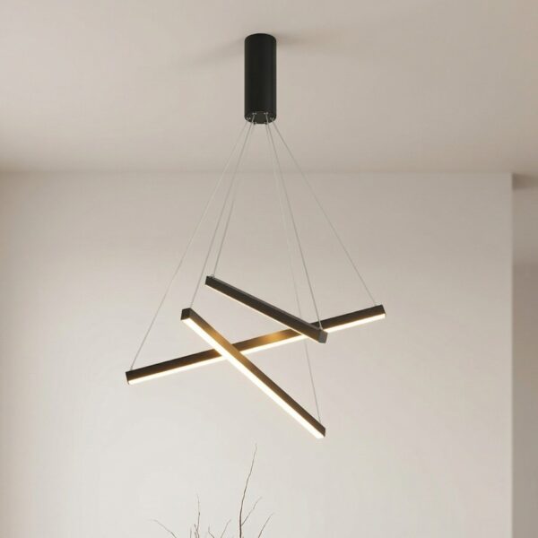 Black crossed linear LED pendant light suspended on thin cables