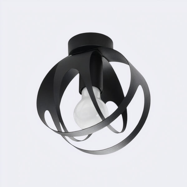 Openwork ceiling light made of curved black metal strips forming a sphere