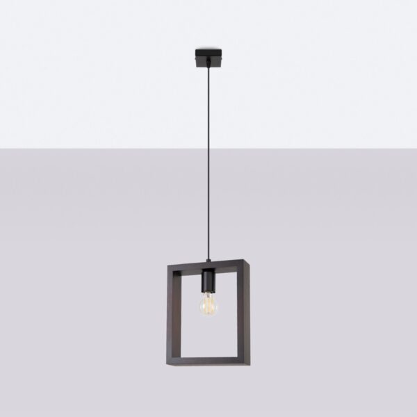 Dark wood square frame pendant light with a hanging bulb