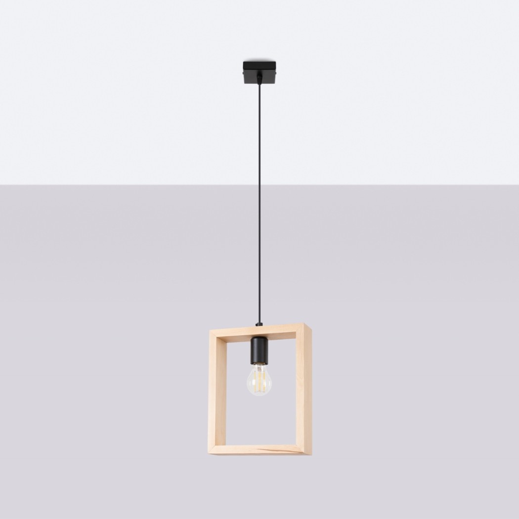 Wood square frame pendant light with a bulb hanging at its center