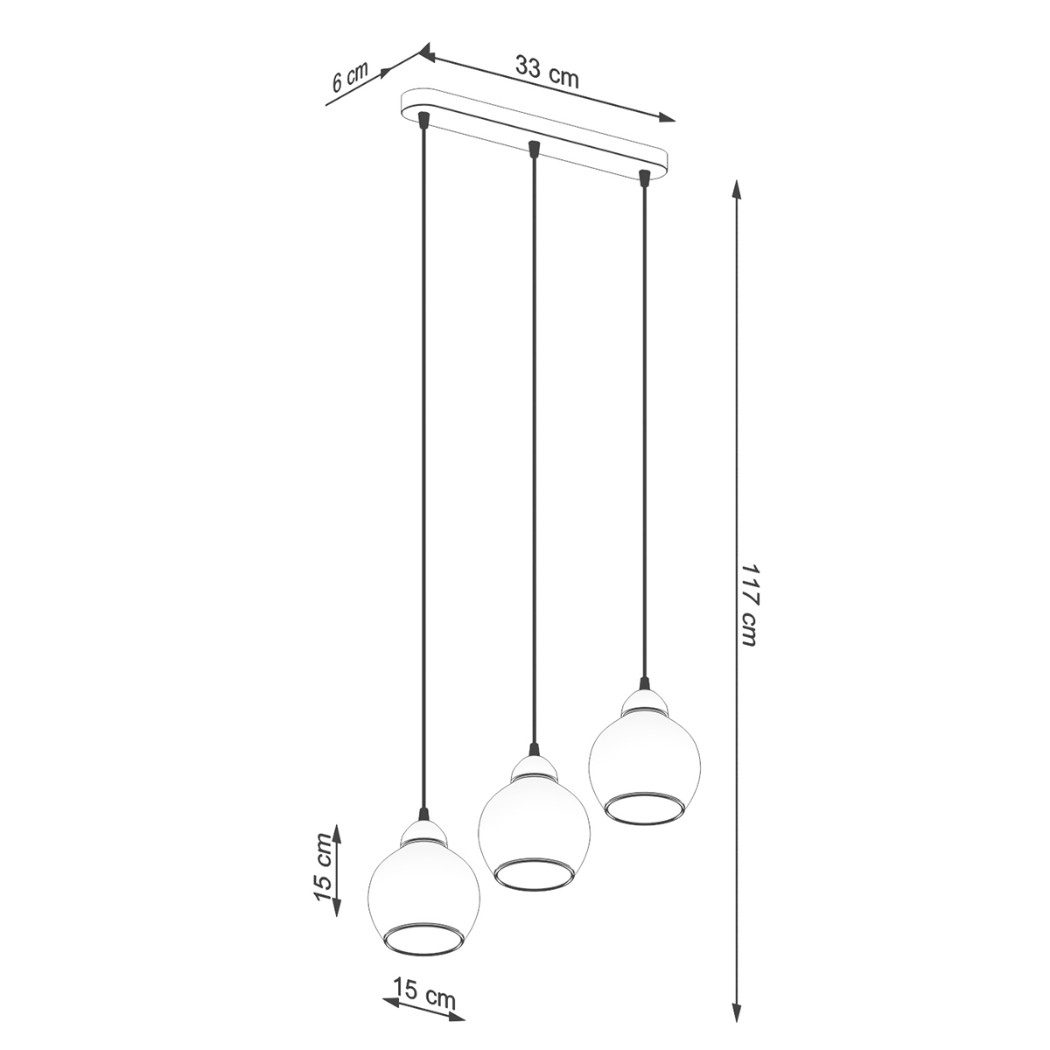 Dimensions diagram of the three globe pendant lamp with a 33 cm bar