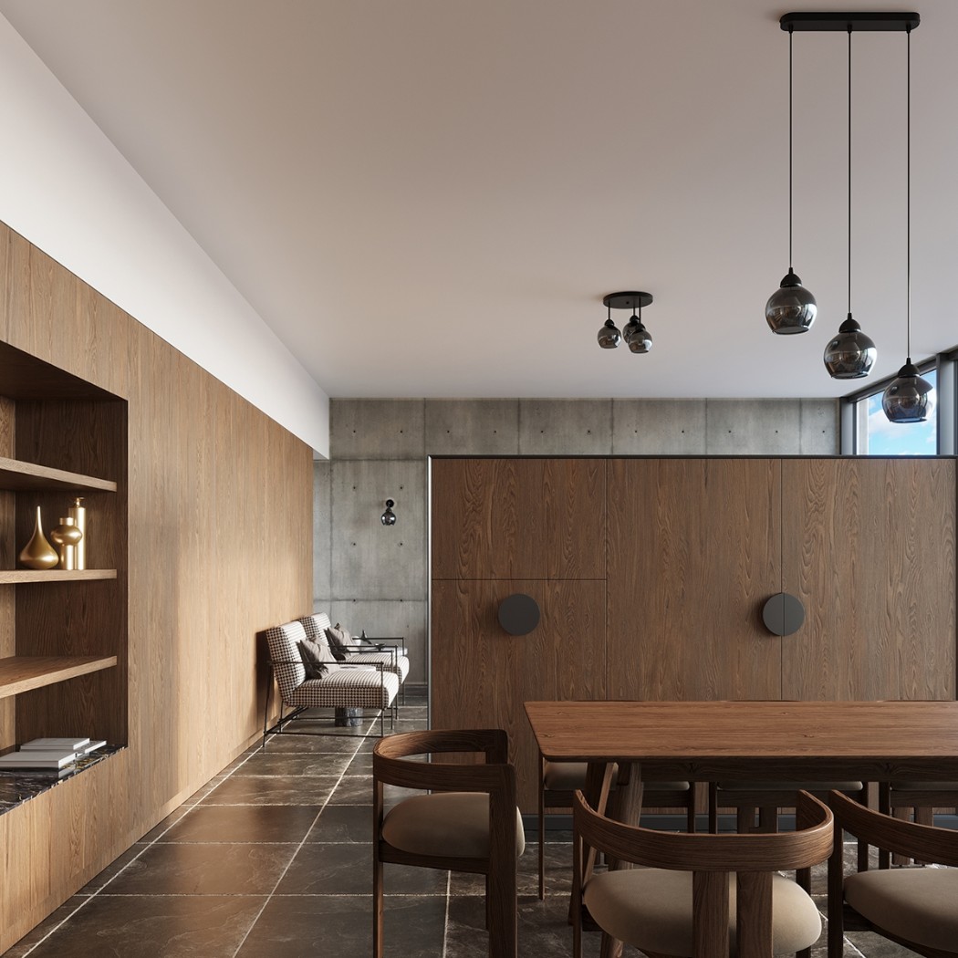 Wood paneled dining room with a smoked glass globe pendant above the table