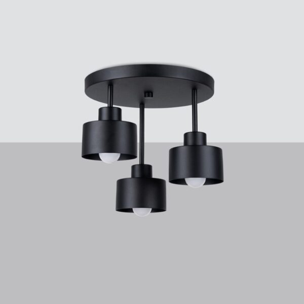 Black round ceiling light with three cylindrical hanging shades