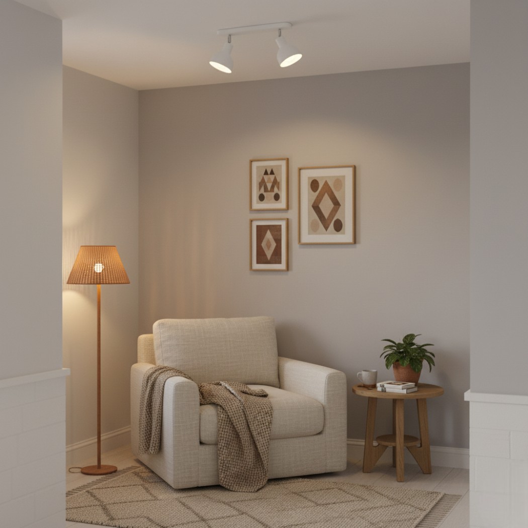 Living room with a wicker floor lamp and a white two-head ceiling spotlight in the corner