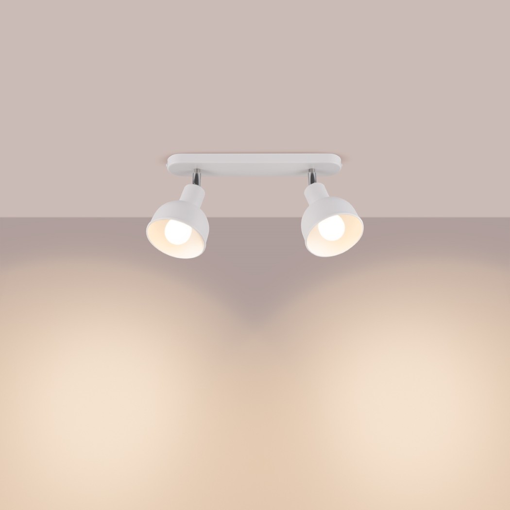 White ceiling light with two adjustable heads and a warm glow
