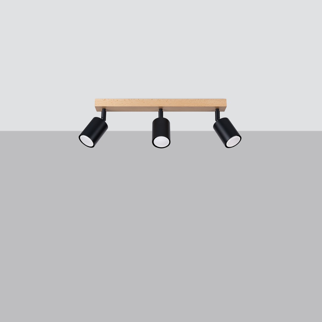 Wood rectangular ceiling light with two black spotlight heads