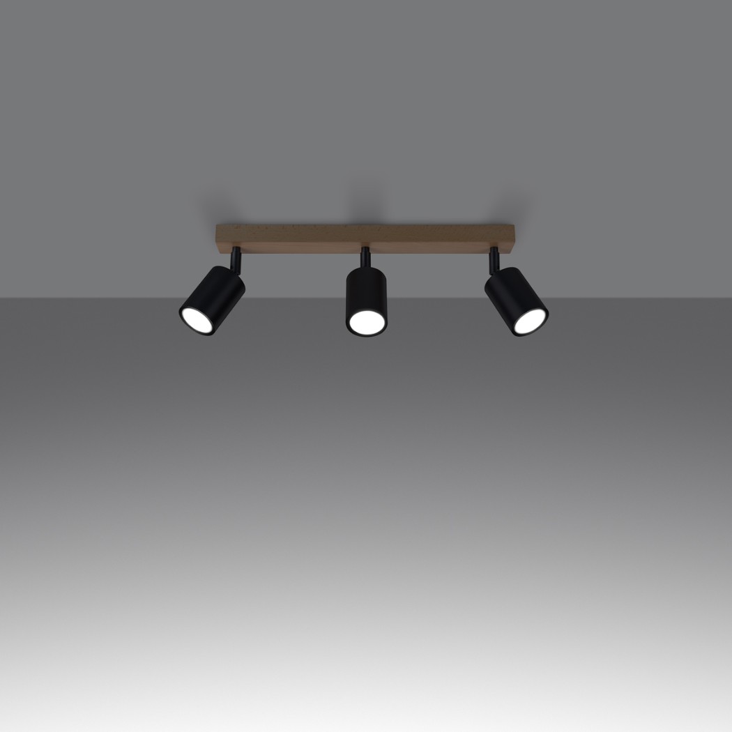 Ceiling light with a wooden bar and three black spotlights, shown isolated