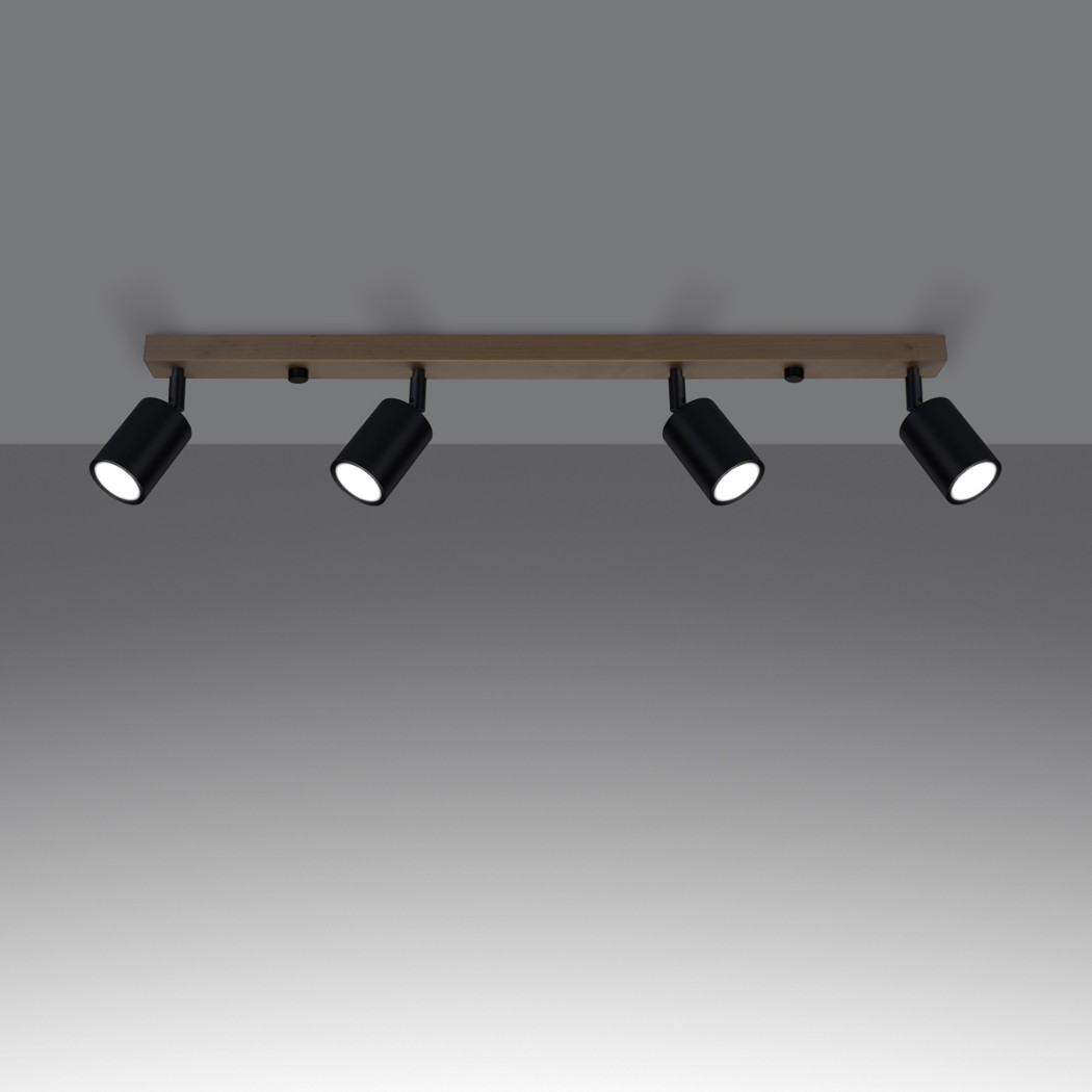 Ceiling light with a wooden bar and four black spotlights, shown isolated