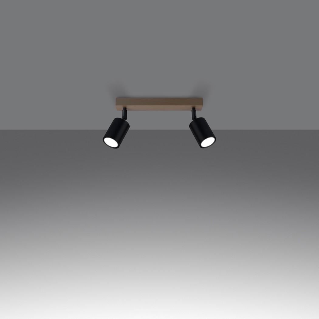 Ceiling light with a wooden bar and two black adjustable spotlights, shown isolated