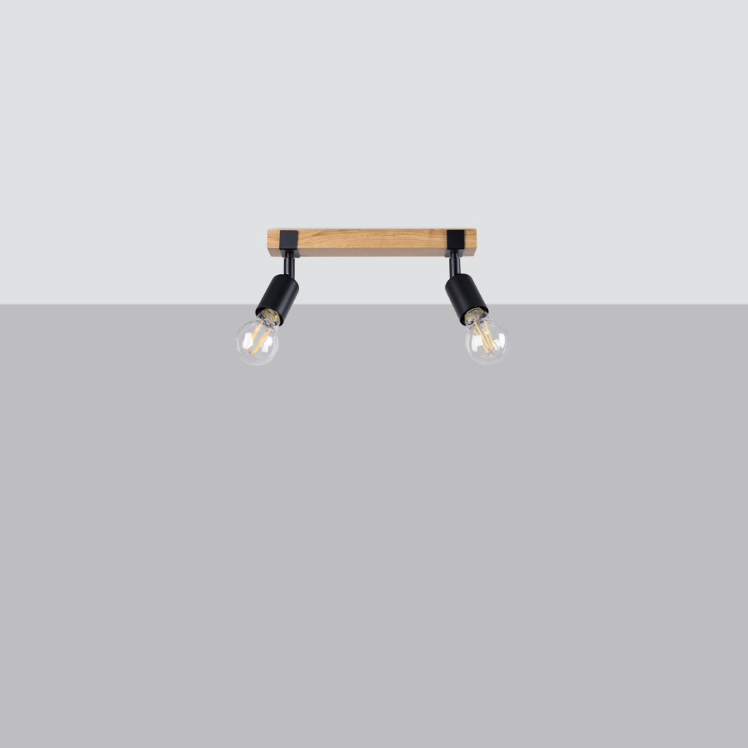 Ceiling spotlight bar in wood with two adjustable light heads