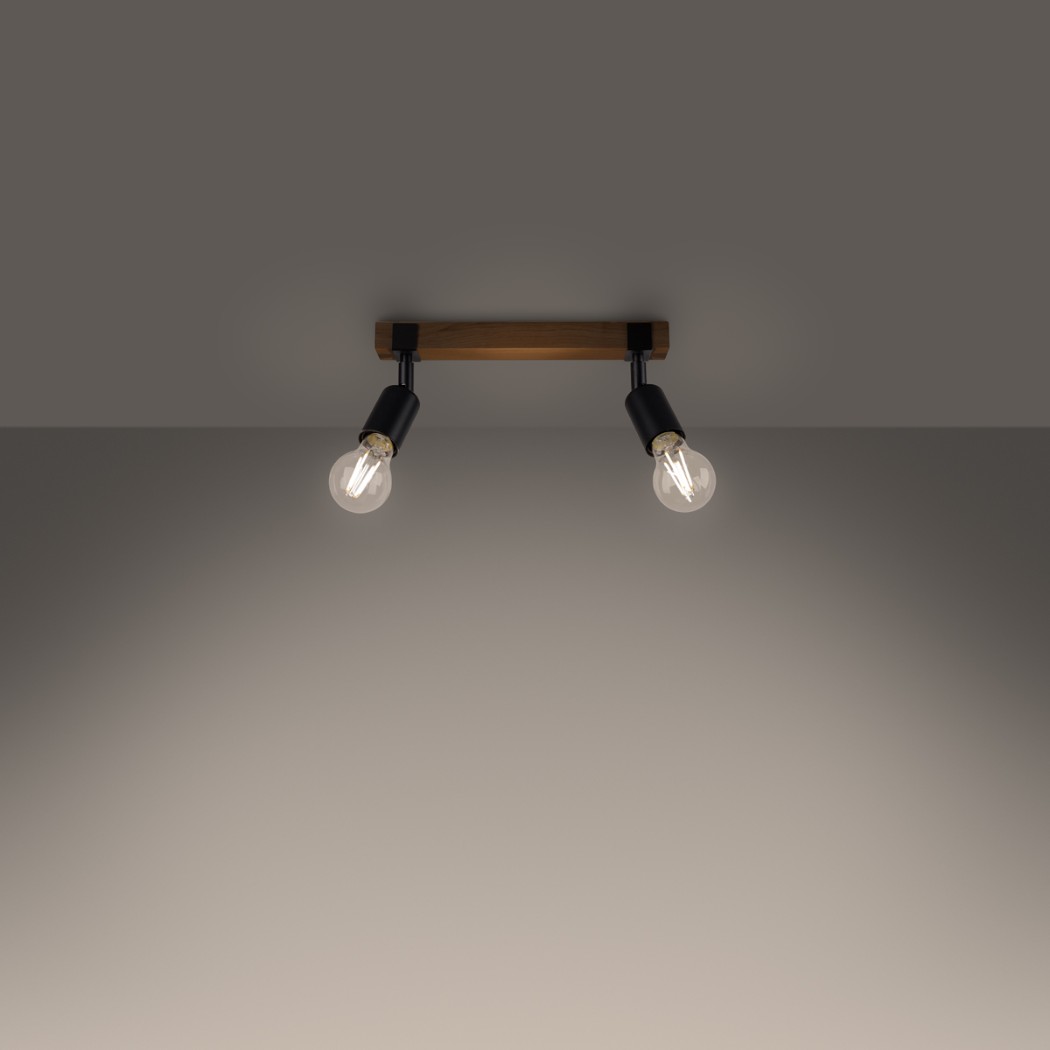 Two spotlight ceiling bar lamp with wood and metal finish