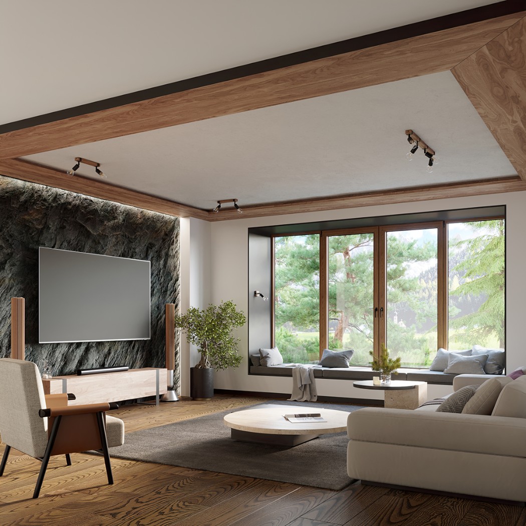 Adjustable ceiling spotlights in a living room with a wood trimmed ceiling and TV