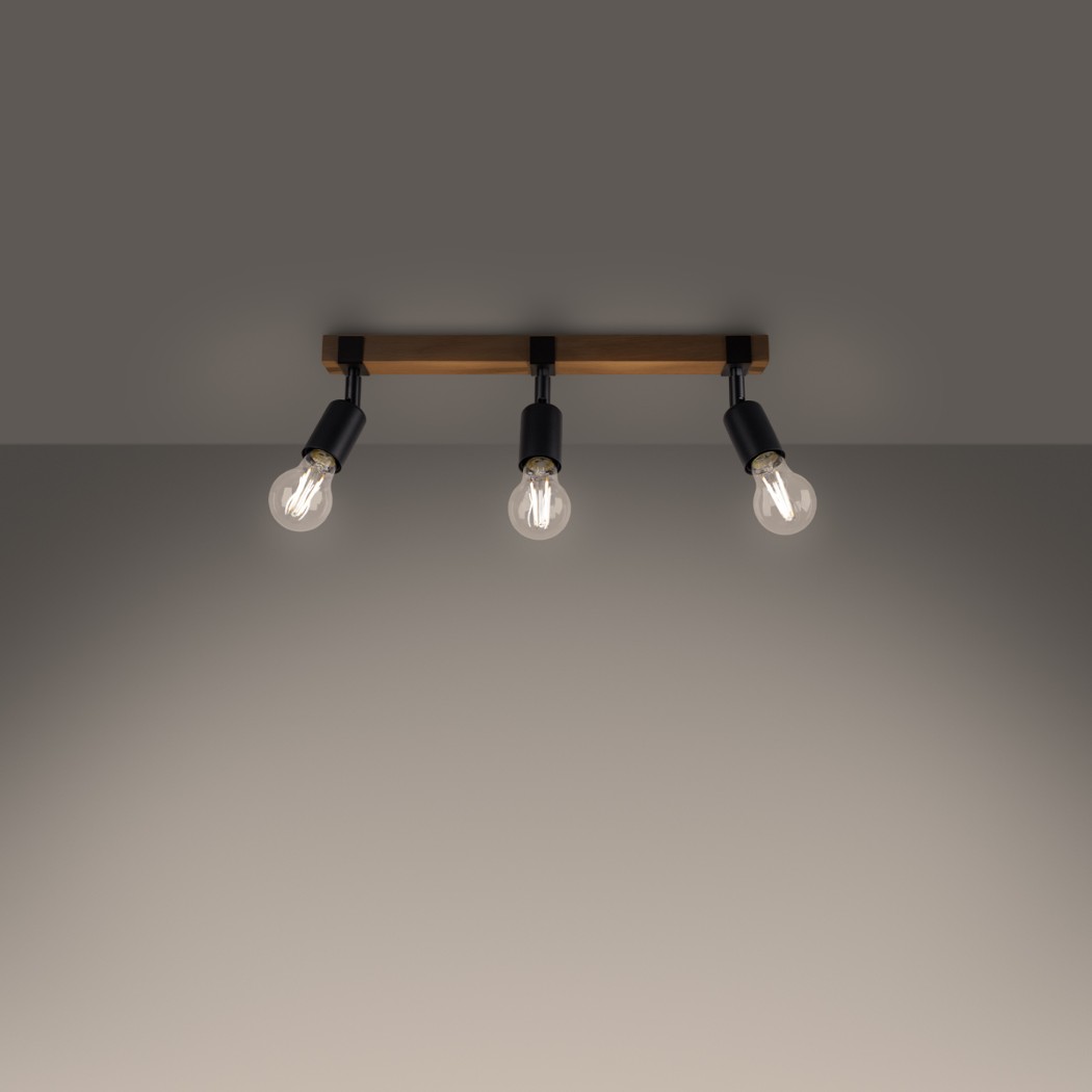 Three spotlight ceiling bar lamp with wood and metal finish