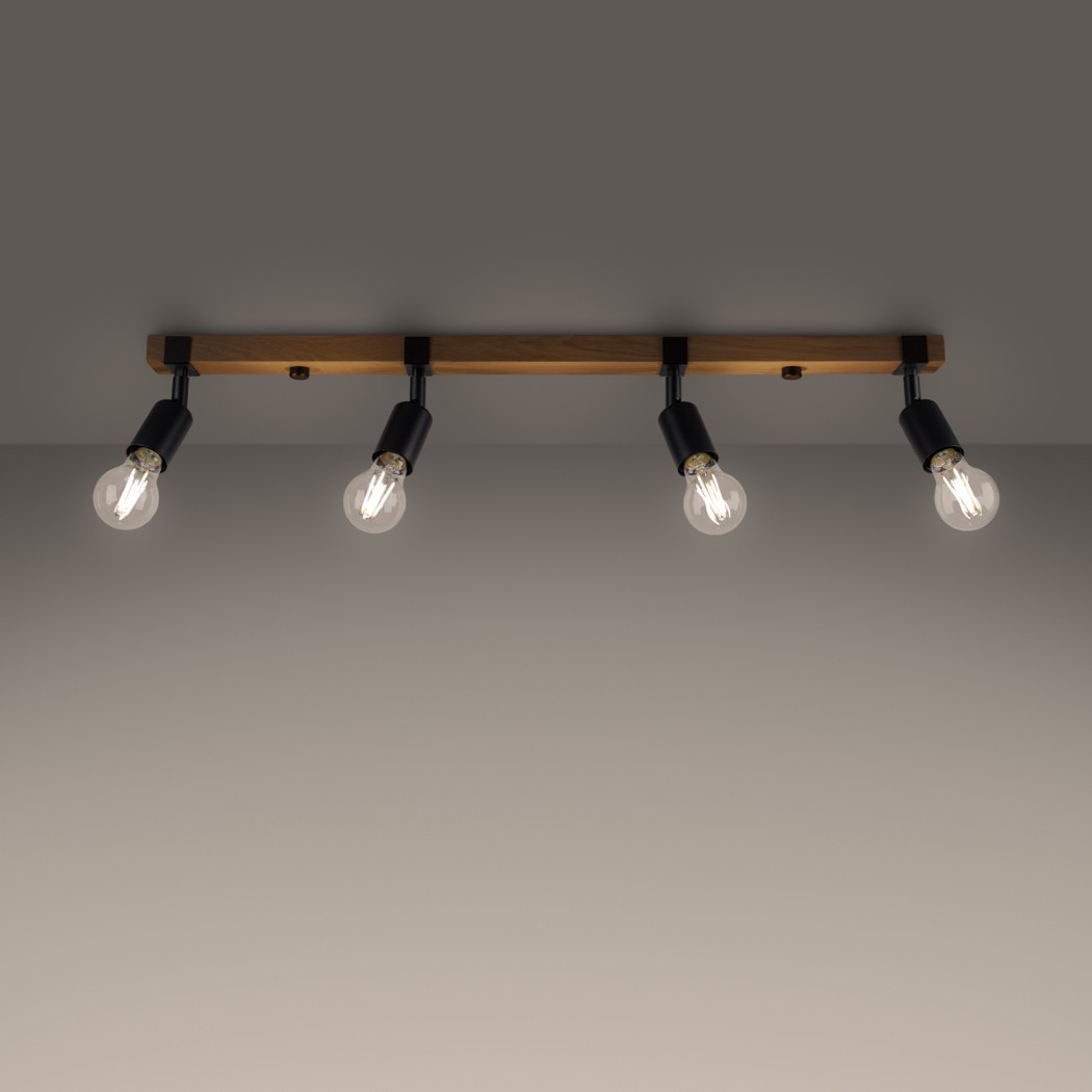 Four spotlight ceiling bar lamp with wood and metal finish