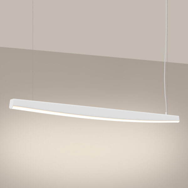 White curved linear LED pendant light with a boat like silhouette
